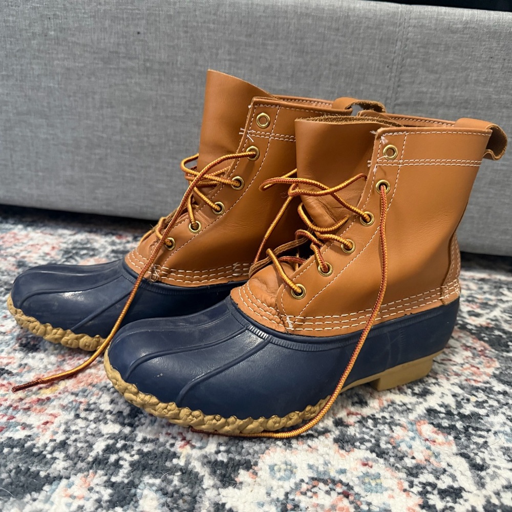 L.L. Bean Tan Leather and Navy Rubber Bean Boots